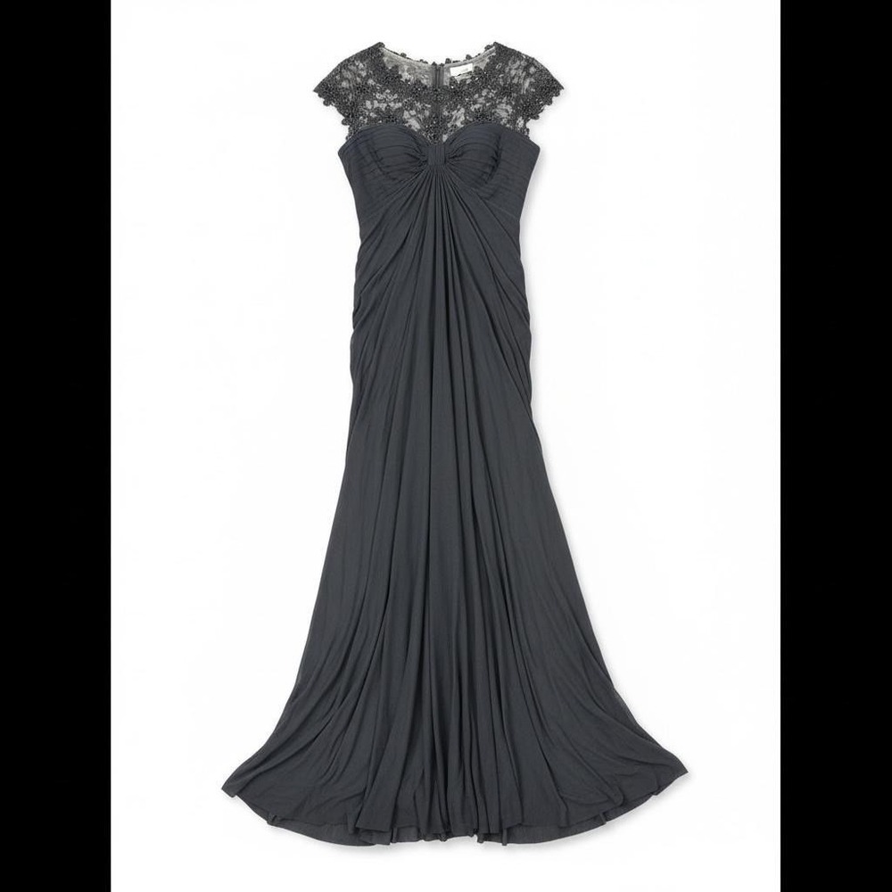 Tadashi Shoji black  Lace Beaded Cap Sleeve Draped Evening Gown Dress Size S New